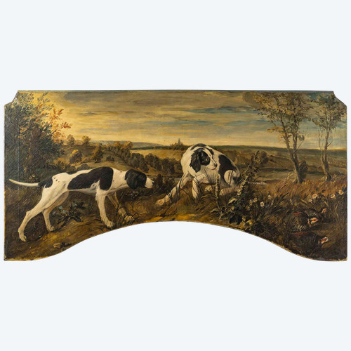 Jagdhunde, die den Halt markieren wichtiges Öl auf Leinwand im Stil von Desportes um 1850