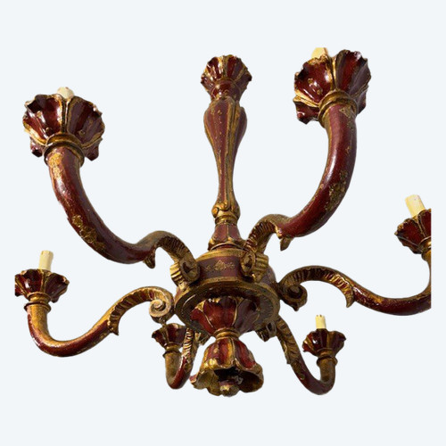 Antique Six Arm Chandelier 19th century era painted ruby and gold . All carved .