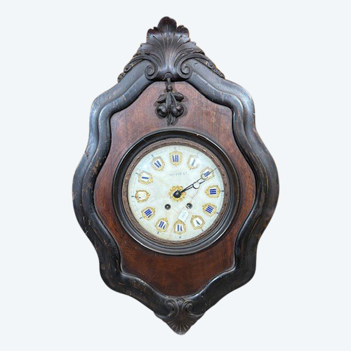 Horloge murale ancienne 'Ox-eye' en noyer et bois de rose, 1850 Cadran en marbre HOTTOT