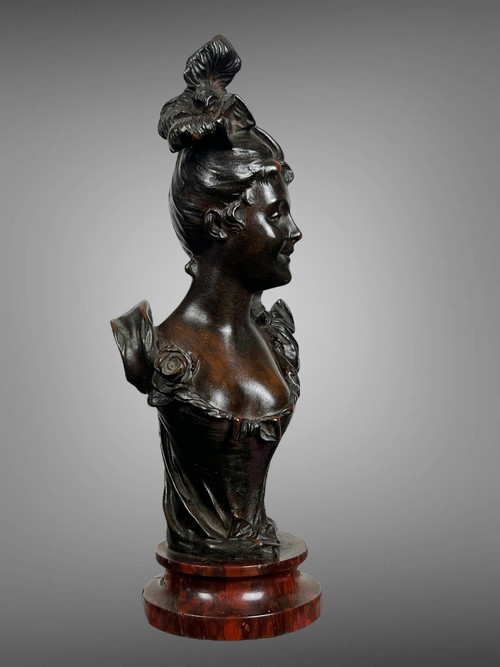 BRONZO ANTICO DI VICTOR LÉOPOLD BRUYNEEL 1849 RAFFIGURANTE UNA DONNA ELEGANTE