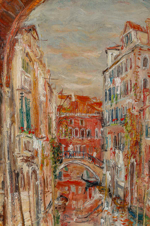 Serge Belloni " The painter of Paris " - View of a Canal in Venice oil on cardboard circa 1970