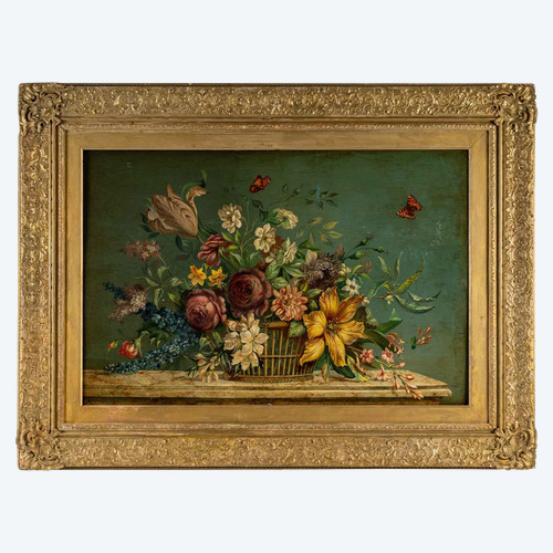 Bouquet di fiori su una trabeazione in pietra olio su tavola 1880-1890 ca.