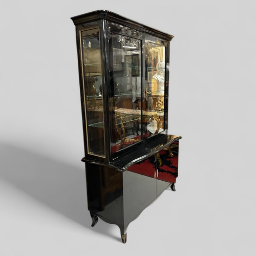 Buffet Deux Corps En Vitrine Des Années 1950 Laqué Noir - bibliothèque 