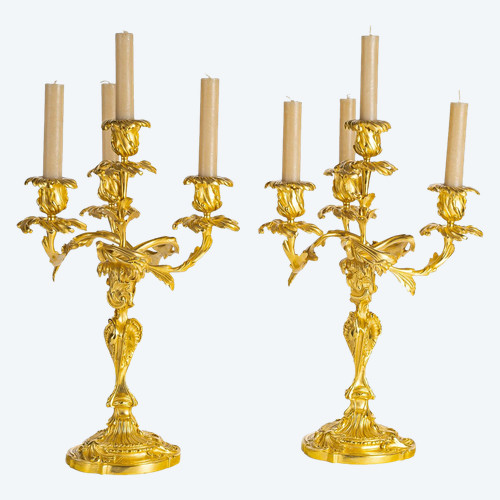 Henri Vian (1860-1905) - Coppia di candelabri in stile Luigi XV in bronzo cesellato e dorato, 1890 ca.