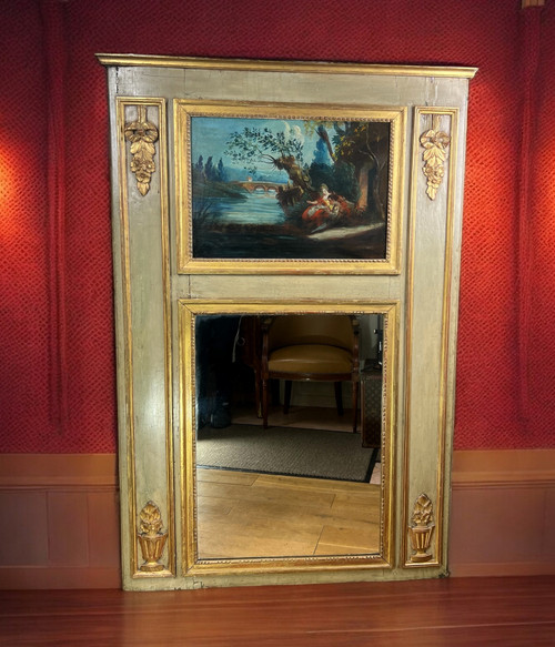 TRUMEAU IN LEGNO LACCATO DEL XVIII SECOLO DEL PERIODO LOUIS XVI CON LA SUA PITTURA ORIGINALE