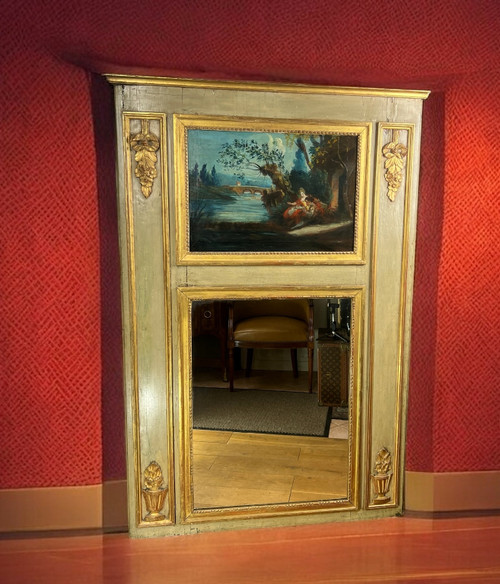 TRUMEAU IN LEGNO LACCATO DEL XVIII SECOLO DEL PERIODO LOUIS XVI CON LA SUA PITTURA ORIGINALE