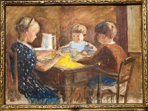 Jeanne Champillou. Il pranzo dei bambini. Olio su tela con cornice. Inizio del XX secolo.