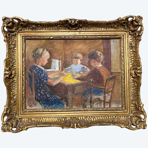 Jeanne Champillou. Il pranzo dei bambini. Olio su tela con cornice. Inizio del XX secolo.