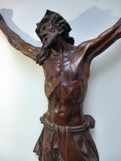 Religiosa Crucifix Grand Christ En Chêne Finement Sculpté 18 Eme