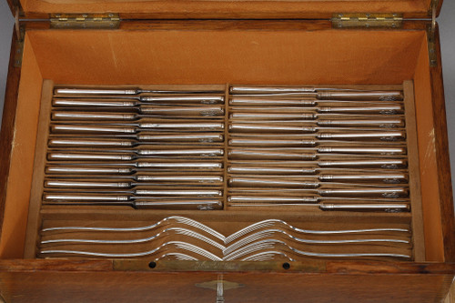 FLATWARE SILVER IN AN OAK CASE BY ALFONSE DEBAIN GOLDSMITH IN PARIS