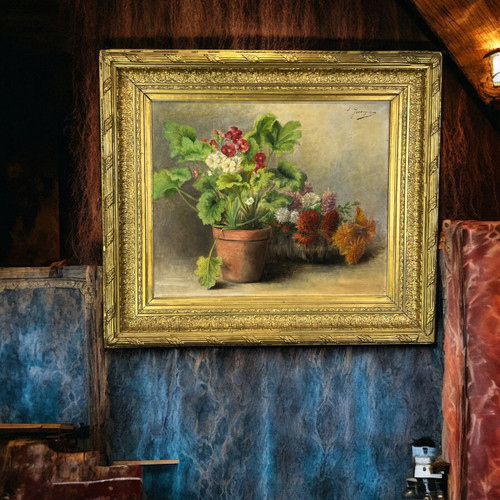 HOLZ AUF LINIE, UNTERSCHRIEBEN " LOUISE JASSOGNE " NATURE MORTE PRIMEVÈRES et DAHLIAS