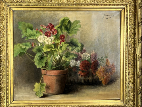 HOLZ AUF LINIE, UNTERSCHRIEBEN " LOUISE JASSOGNE " NATURE MORTE PRIMEVÈRES et DAHLIAS