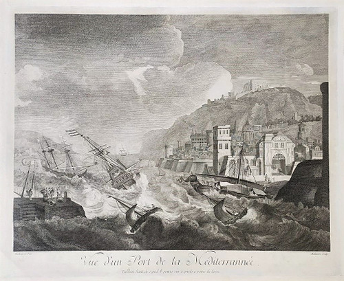  Gravure Ancienne Marine Port En Méditerranée d'après Ludolf Bakhuizen 18ème