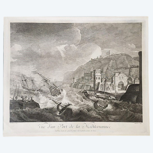  Gravure Ancienne Marine Port En Méditerranée d'après Ludolf Bakhuizen 18ème