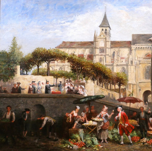 Adolphe François MONFALLET 1815-1900 Triel-sur-Seine (Yvelines), scène de marché, tableau, 1864