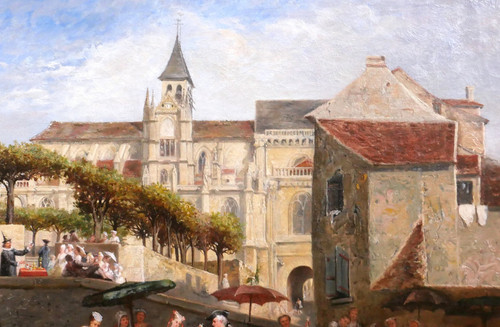 Adolphe François MONFALLET 1815-1900 Triel-sur-Seine (Yvelines), scène de marché, tableau, 1864