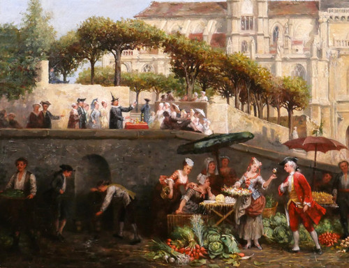 Adolphe François MONFALLET 1815-1900 Triel-sur-Seine (Yvelines), scène de marché, tableau, 1864