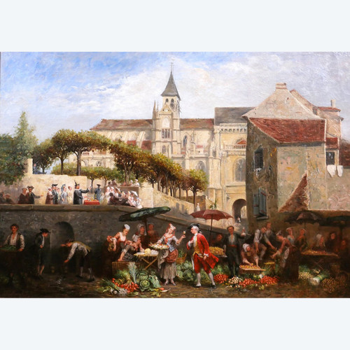 Adolphe François MONFALLET 1815-1900 Triel-sur-Seine (Yvelines), scène de marché, tableau, 1864