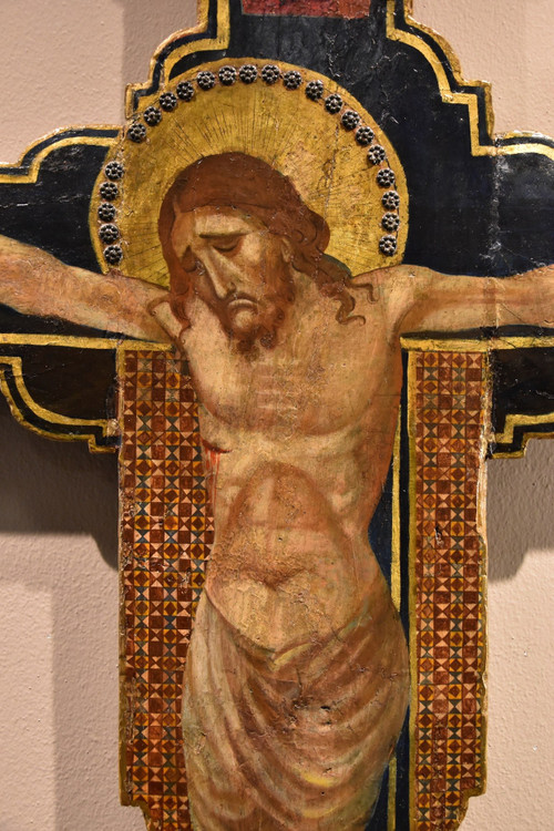 Antique Wooden Crucified Christ With God The Father, The Virgin And St. Joh