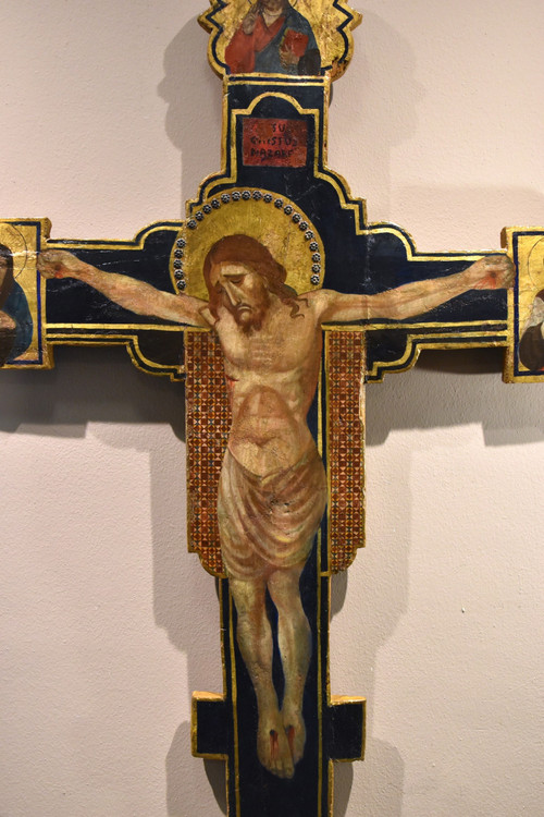 Antique Wooden Crucified Christ With God The Father, The Virgin And St. Joh