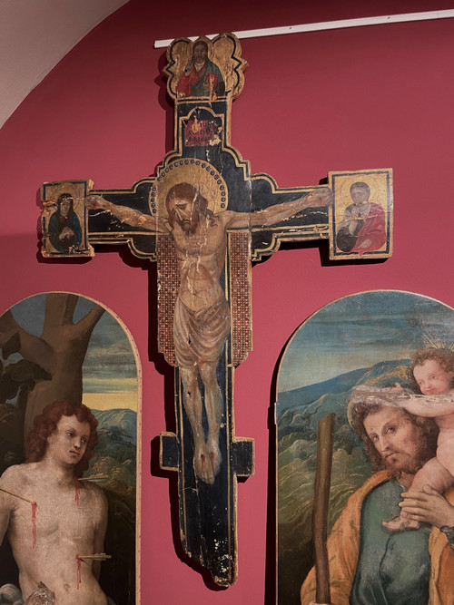 Antique Wooden Crucified Christ With God The Father, The Virgin And St. Joh