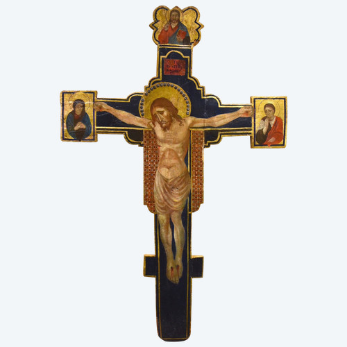 Antique Wooden Crucified Christ With God The Father, The Virgin And St. Joh