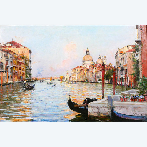 Tullio CAMPRIANI 1876-1939 Venezia, paesaggio del Canal Grande, dipinto, 1900 ca.