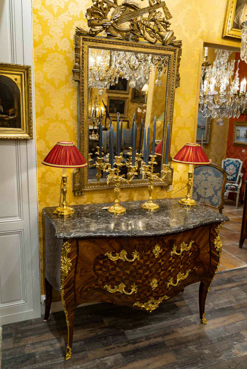 Gilles Joubert and Roger Vandercruse dit Lacroix Marquetry commode and crowned C bronze circa 1755