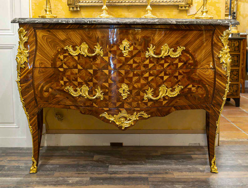 Gilles Joubert and Roger Vandercruse dit Lacroix Marquetry commode and crowned C bronze circa 1755