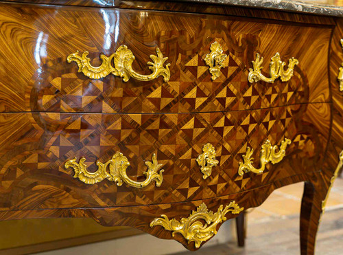 Gilles Joubert and Roger Vandercruse dit Lacroix Marquetry commode and crowned C bronze circa 1755