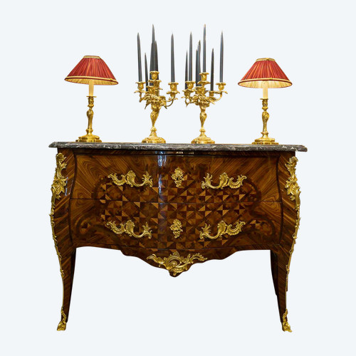 Gilles Joubert and Roger Vandercruse dit Lacroix Marquetry commode and crowned C bronze circa 1755