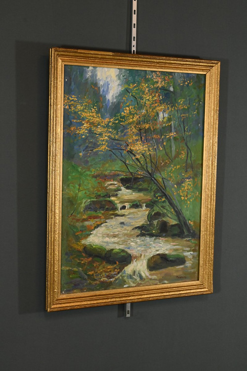 Huile sur Toile « Ruisseau en forêt » signée A. Markowicz – Début XXe