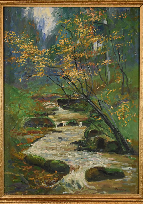 Huile sur Toile « Ruisseau en forêt » signée A. Markowicz – Début XXe