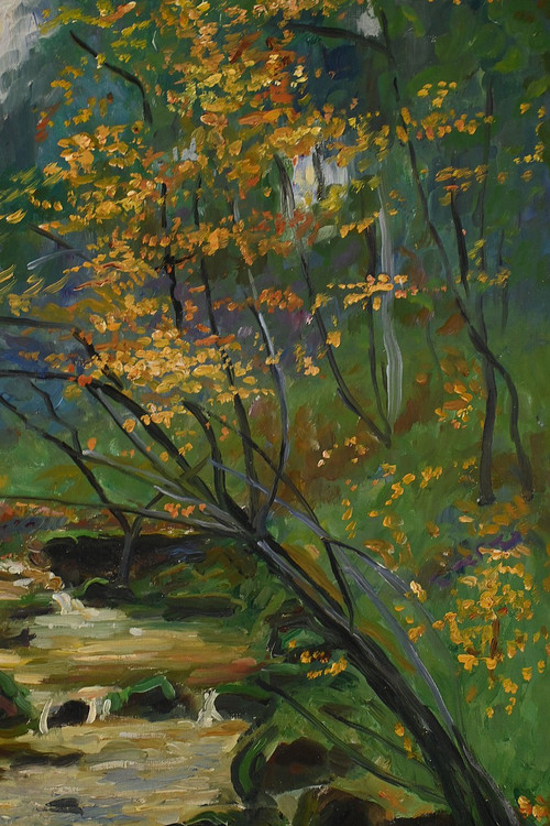 Huile sur Toile « Ruisseau en forêt » signée A. Markowicz – Début XXe