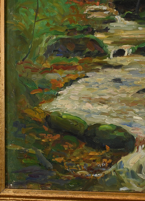 Huile sur Toile « Ruisseau en forêt » signée A. Markowicz – Début XXe