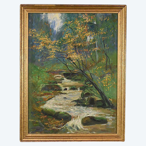 Huile sur Toile « Ruisseau en forêt » signée A. Markowicz – Début XXe