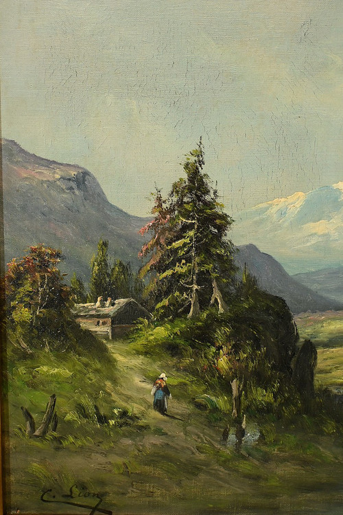 Öl auf Leinwand "Berglandschaft", signiert C. Lion - Ende des 19.