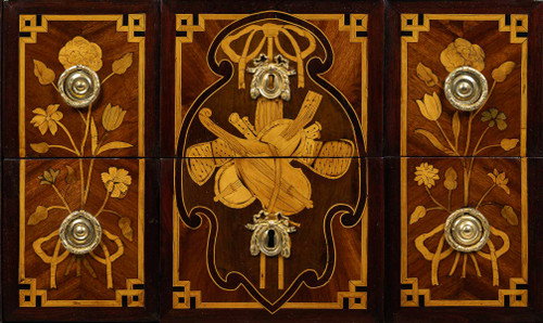 A commode Sauteuse with musical instruments marquetry, Louis XVI period circa 1780