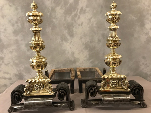 Important bronze and iron andirons from the 17th century