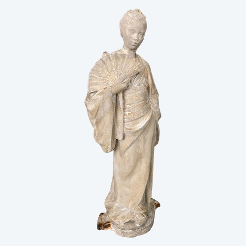 Atelierstatue aus Gips von Charles Filleul Frau mit Fächer XX.