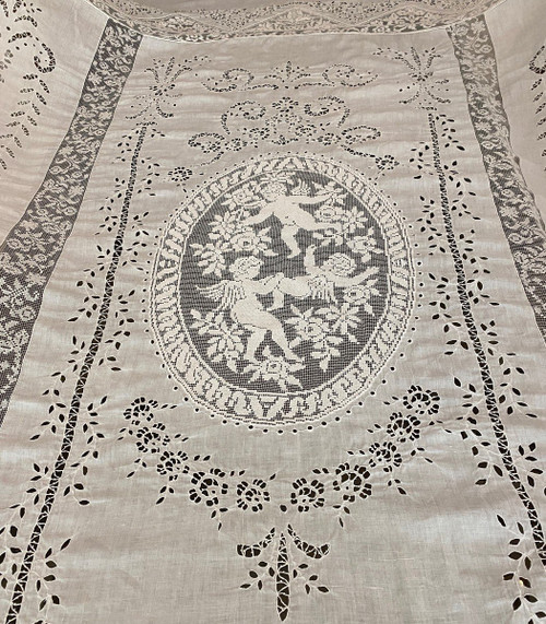 Embroidered Linen Bedcover or Tablecloth With Puttis And Rinceaux Decor 19th century