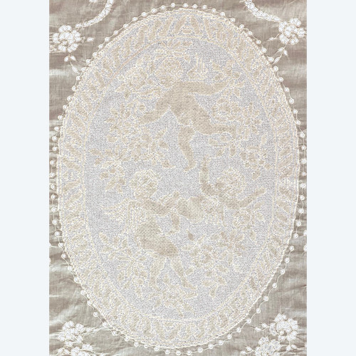 Embroidered Linen Bedcover or Tablecloth With Puttis And Rinceaux Decor 19th century