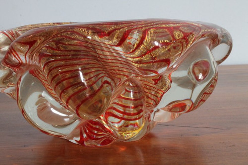 Antike Murano-Glas Aschenbecher Blase Herzstück 1930er Barovier .  Rot und Gold . Größe 20 cm