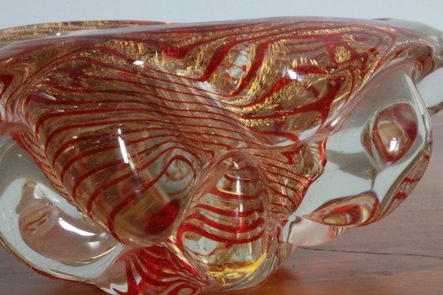 Antike Murano-Glas Aschenbecher Blase Herzstück 1930er Barovier .  Rot und Gold . Größe 20 cm