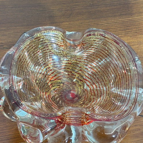 Antike Murano-Glas Aschenbecher Blase Herzstück 1930er Barovier .  Rot und Gold . Größe 20 cm