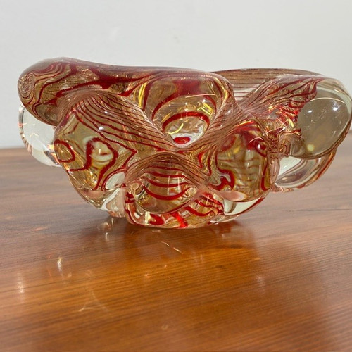 Antike Murano-Glas Aschenbecher Blase Herzstück 1930er Barovier .  Rot und Gold . Größe 20 cm