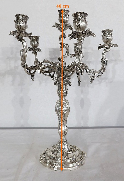 Coppia di candelabri in bronzo argentato, stile Luigi XV - XIX secolo