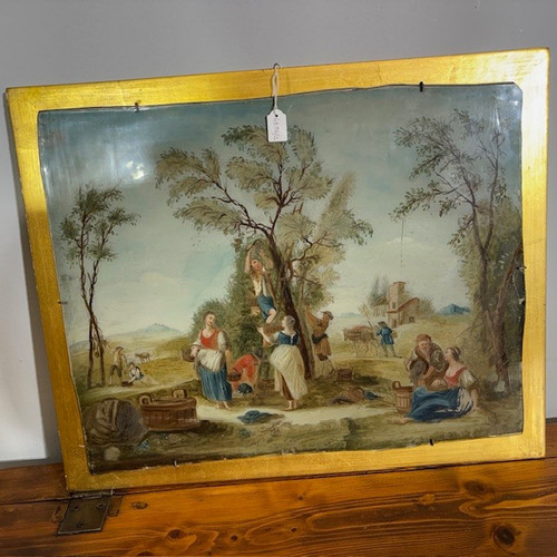 Antique pair beautiful paintings on glass eighteenth century Venetian school. Peasant scenes mis 46 x 3