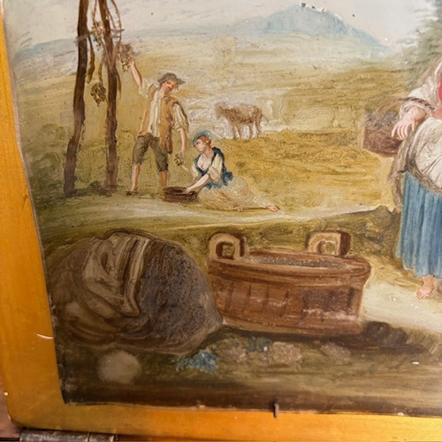 Antique pair beautiful paintings on glass eighteenth century Venetian school. Peasant scenes mis 46 x 3