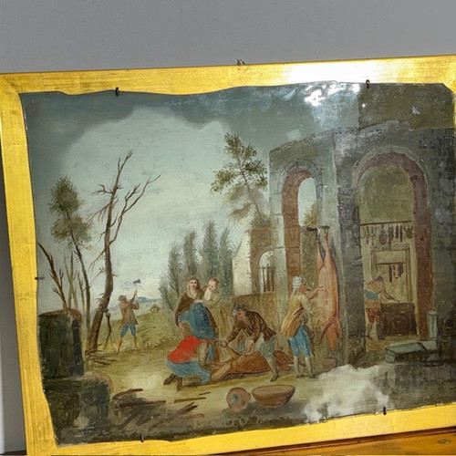 Antique pair beautiful paintings on glass eighteenth century Venetian school. Peasant scenes mis 46 x 3